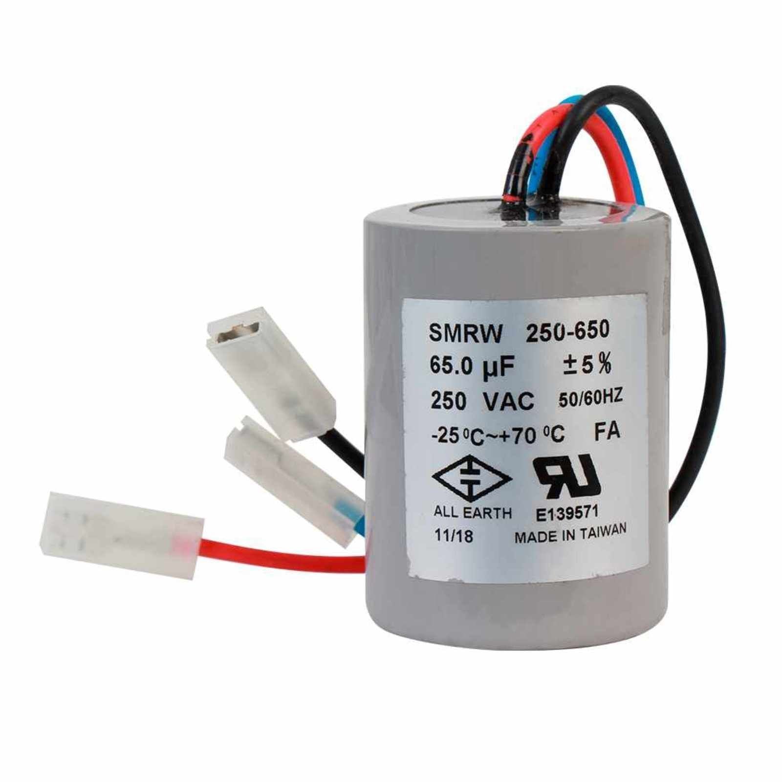 Capacitor de trabajo 65MF ±5%, 250V, para la caja de control AQUA PAK de 1/2 HP modelo CCQA 1/2115. Modelo: 007-001-D-091