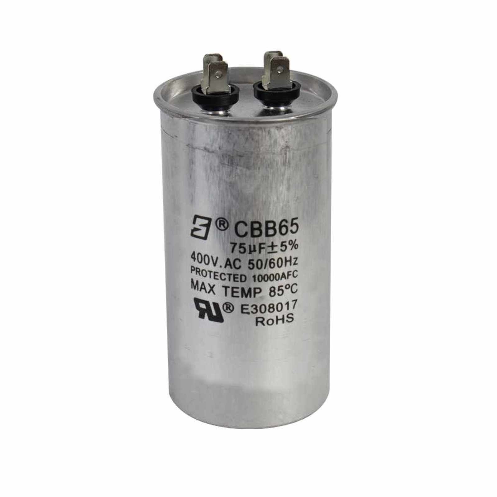 Capacitor de trabajo 75MF ±5%, 400V, para la caja de control AQUA PAK de 5 HP modelo CCQA 5230. Modelo: 007-001-D-101