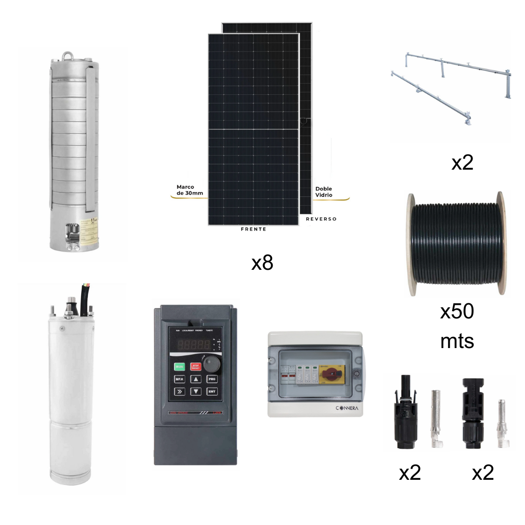 Kit Bomba con motor 1.5 HP sumergible con variador, panel solar y accesorios. Modelo: AQT-KOR1.2-MSQA4