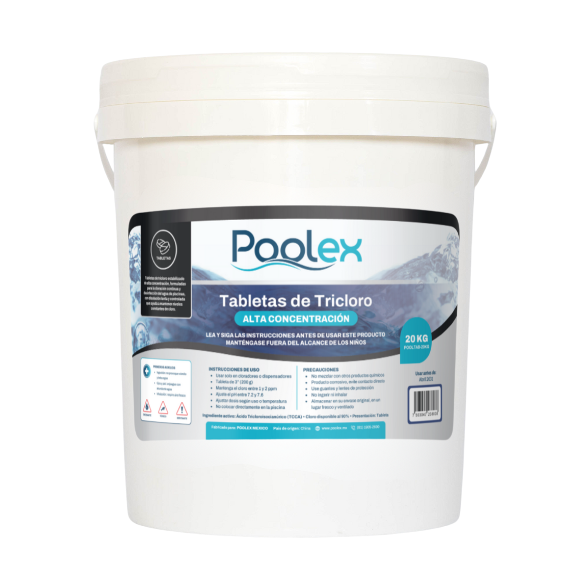 POOLEX Tricloro en tabletas de 3" (20 kg) para Piscinas, de Alta concentracion y acción prolongada
