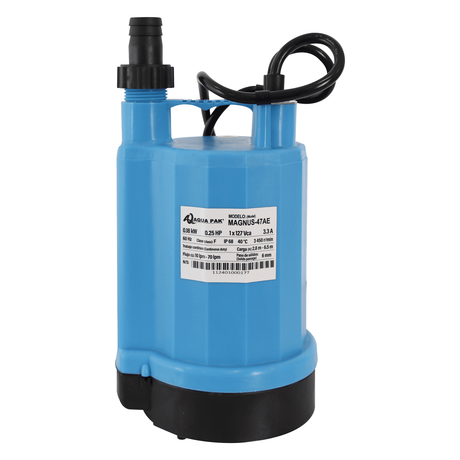 AQUA PAK Modelo MAGNUS-47AE — Motobomba sumergible para achique 0.25 HP