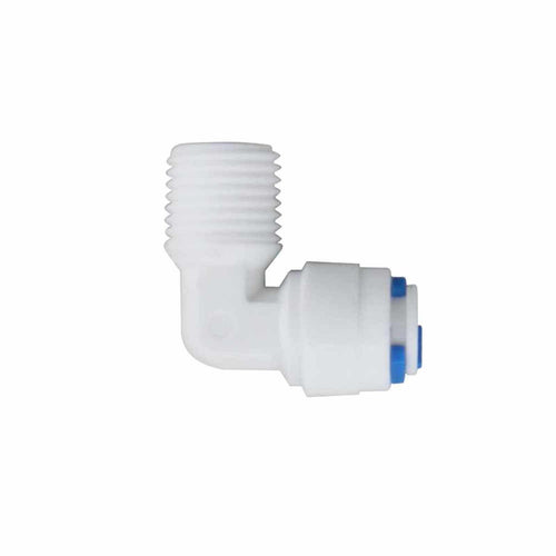 Adaptador codo tipo "L" para ÓSMOSIS, ULTRAFILTRACIÓN y FILTRACIÓN BÁSICA (RM1/4", T1/4"). Modelo: R-PK-DCC-002A